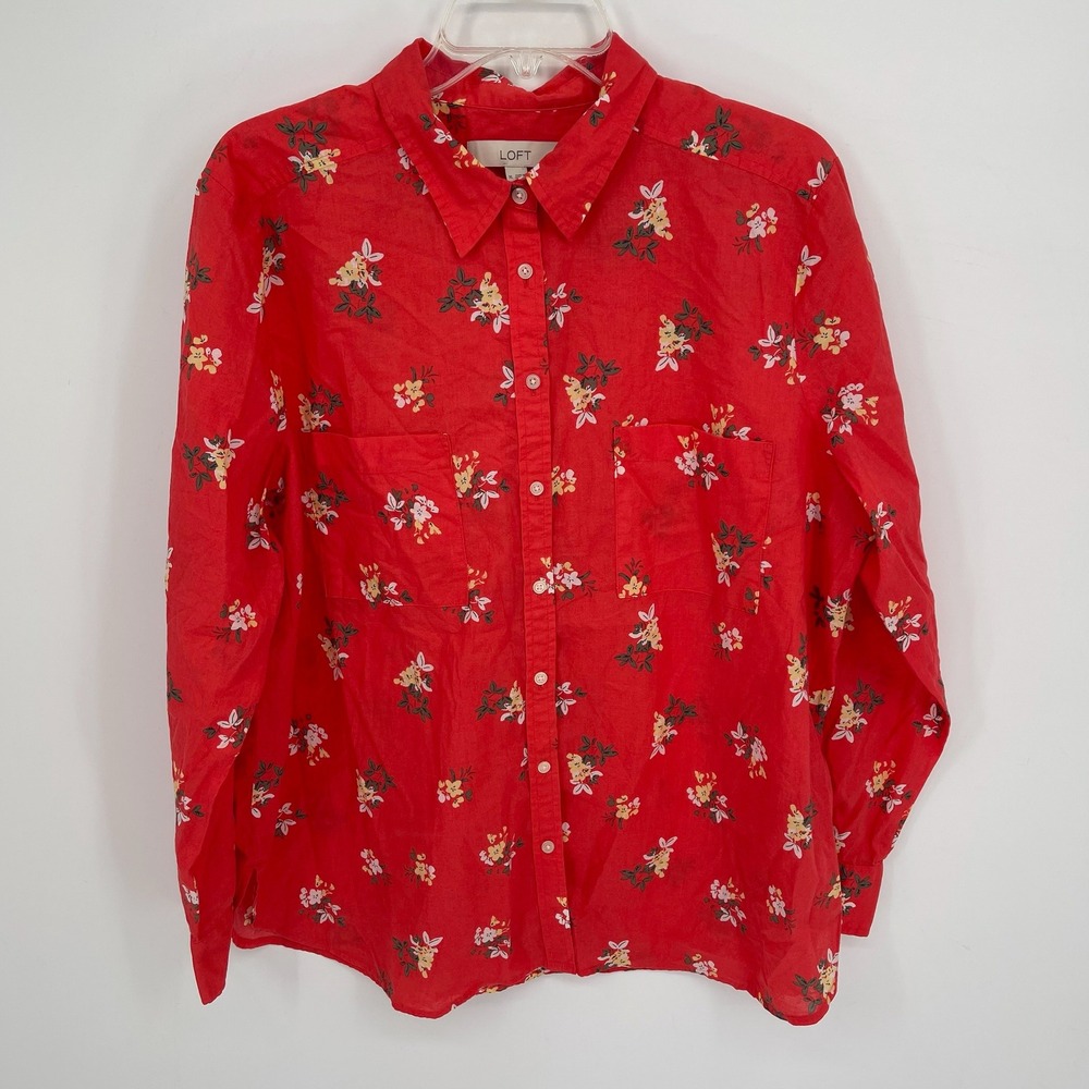 LOFT Women's Red‎ Floral Long Sleeve Button Front Shirt Size XL